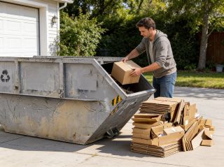 Umzugskartons werden in Papiercontainer zur Altpapierentsorgung geworfen