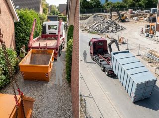 Absetzcontainer auf enger Einfahrt links, Abrollcontainer auf Baustelle rechts – Vergleich beider Containertypen