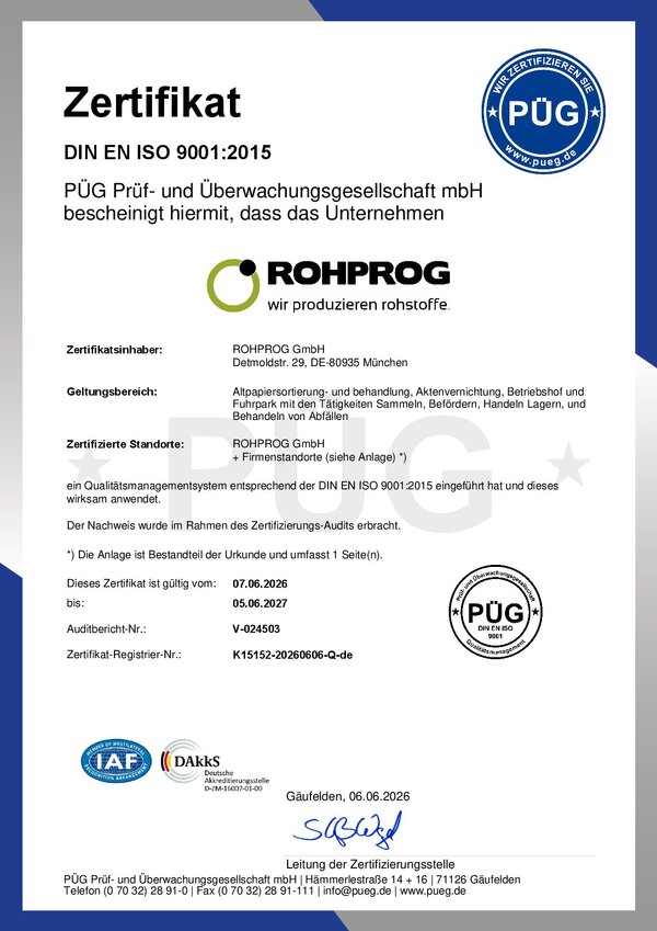 Zertifikat Qualitätsmanagementsystem nach DIN EN ISO 9001:2015