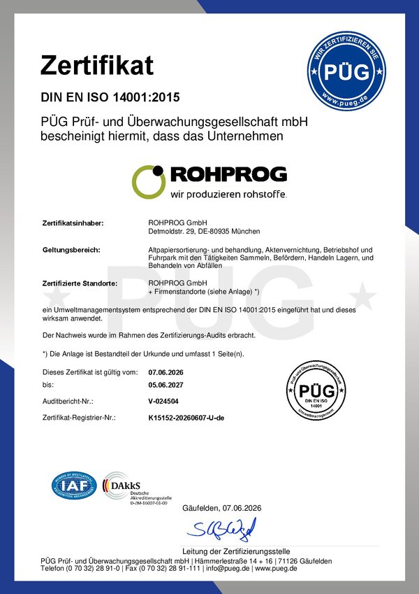 Zertifikat Umweltmamanegement nach DIN EN ISO 14001:2015